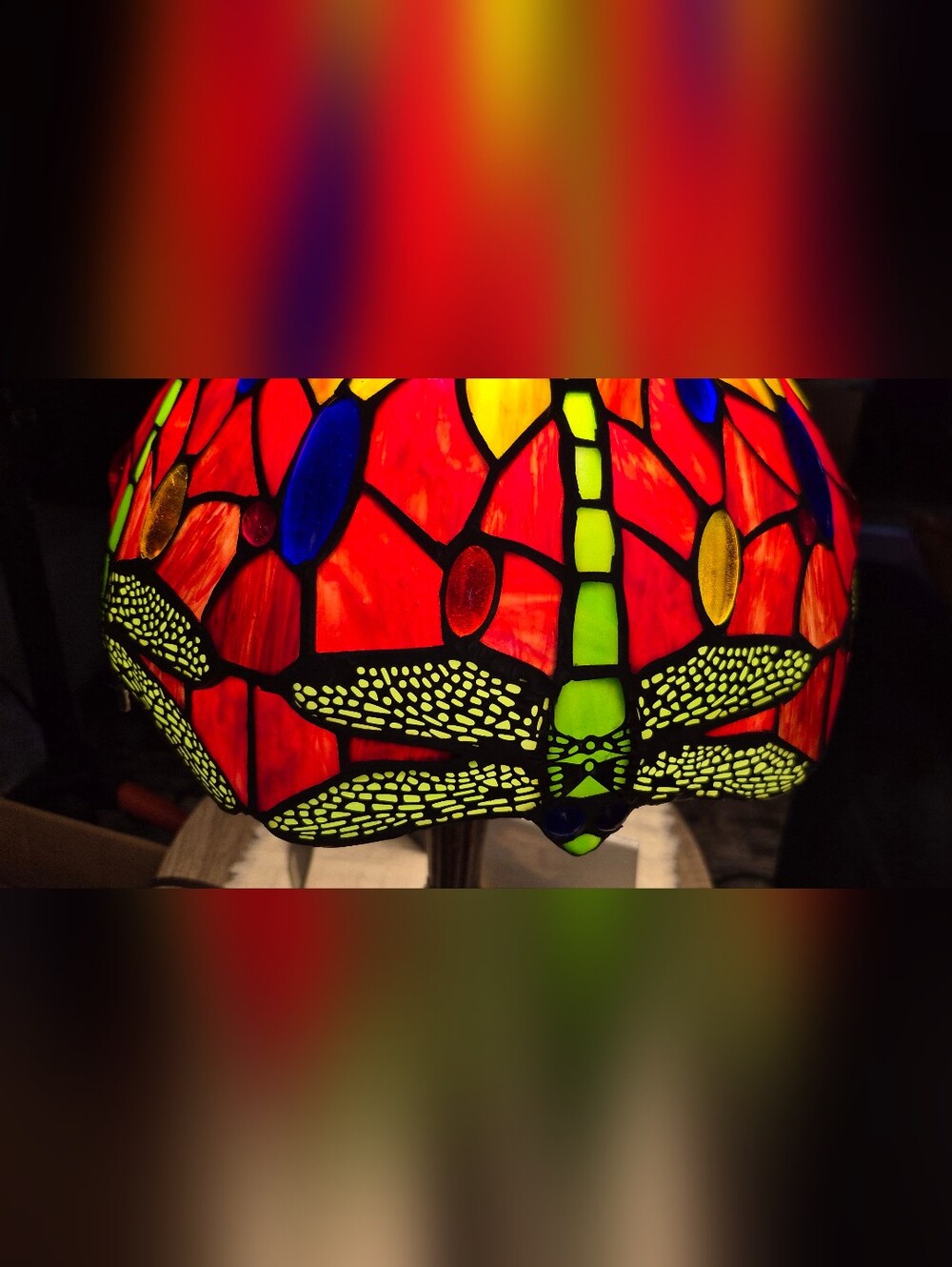 Tiffany Copy Stained Glass Dragonfly Table Lamp - Red & Green - Picture 2 of 5